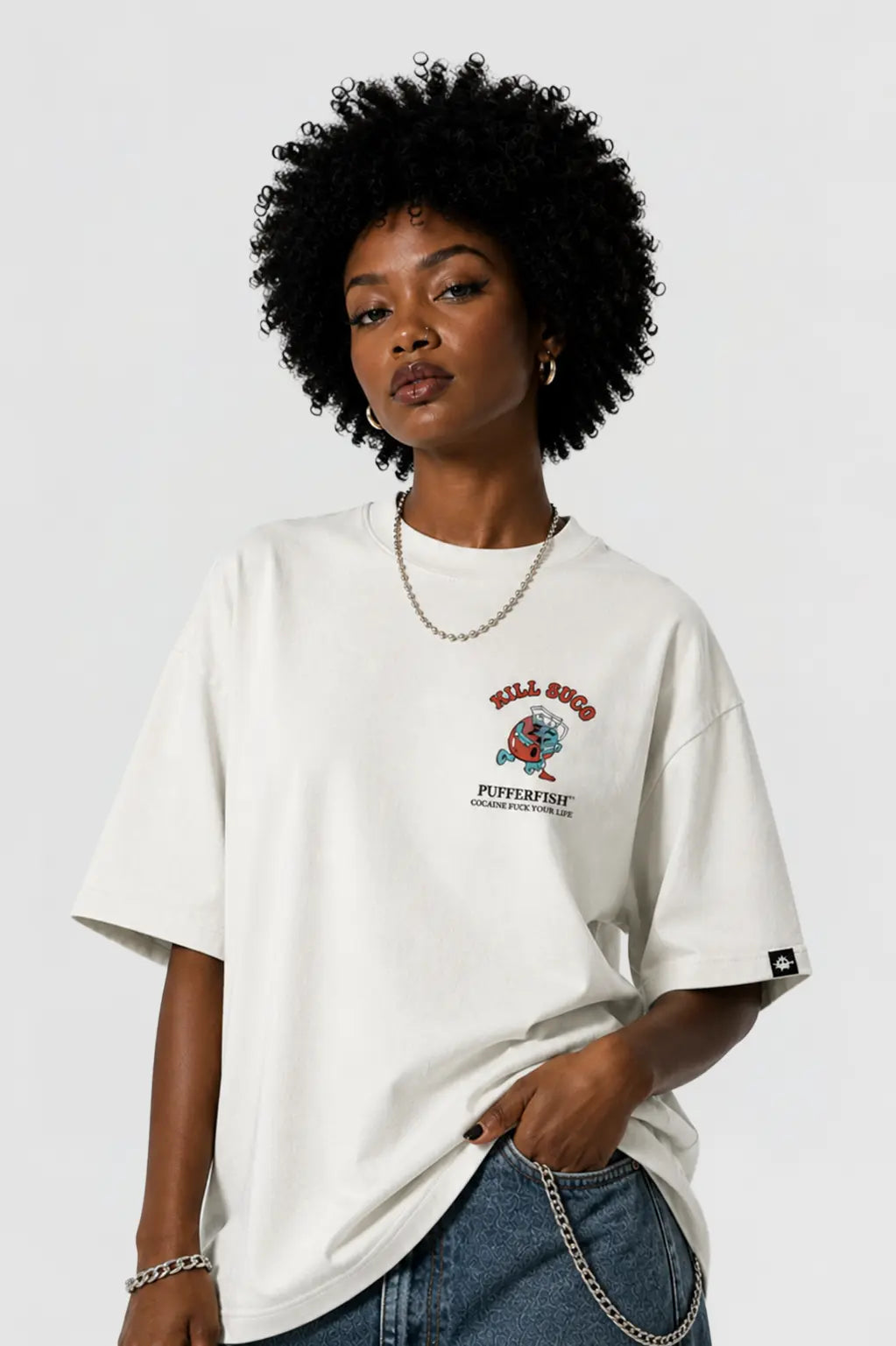 Camiseta Rave Paródia — Kill Suco, frente com o rótulo no peito