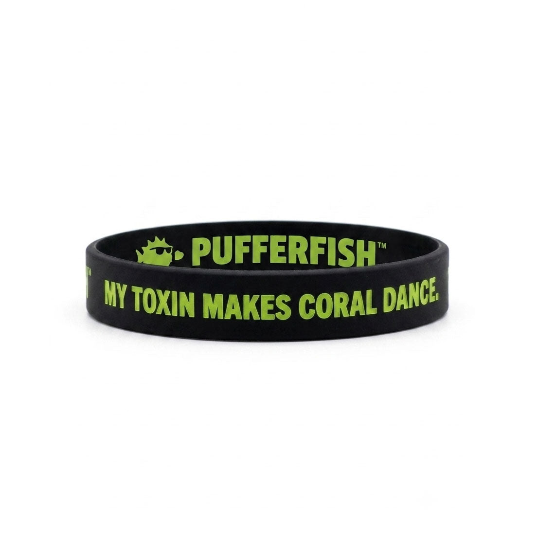 Bracelete de silicone preto Pufferfish com estampa PUFFERFISH e frase My Toxin Makes Coral Dance