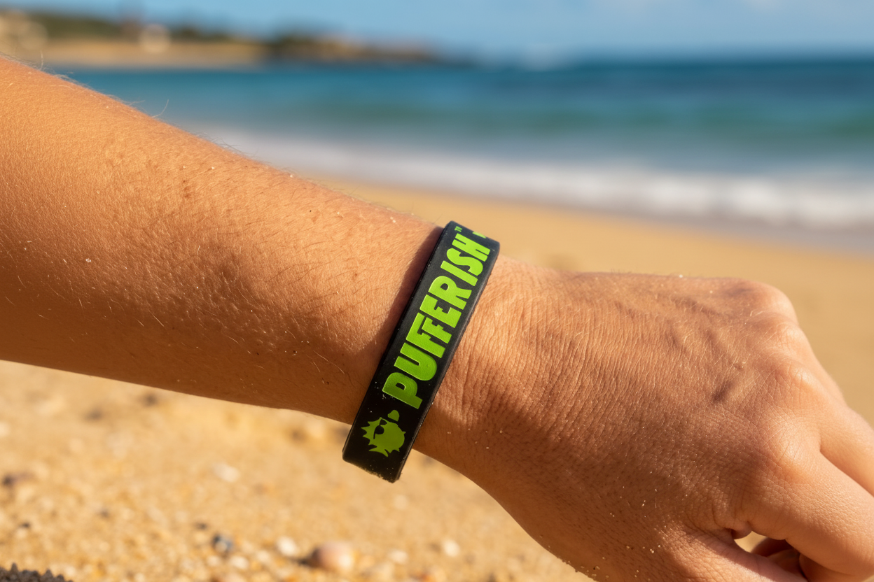 Pulso usando bracelete Pufferfish preto e verde na praia