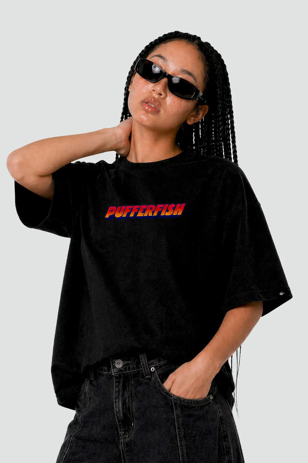 Camiseta Praia Synthwave — No Vaca Yes Drop vestida, vista geral