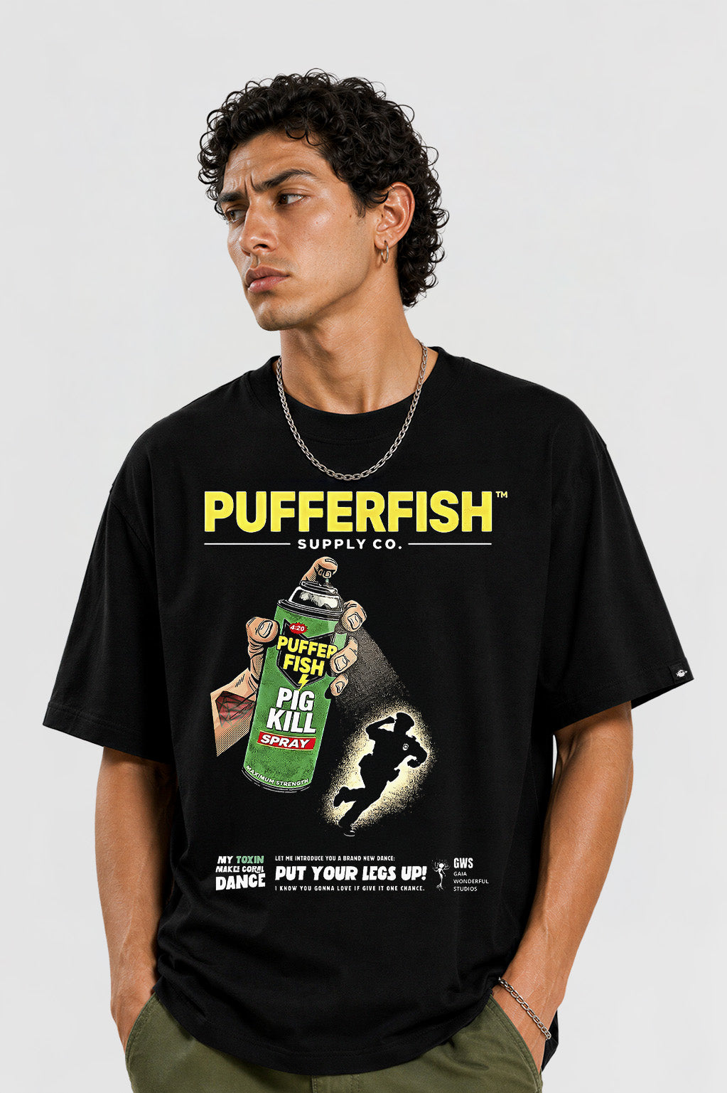 Camiseta Pufferfish Pig Kill estampa frontal streetwear