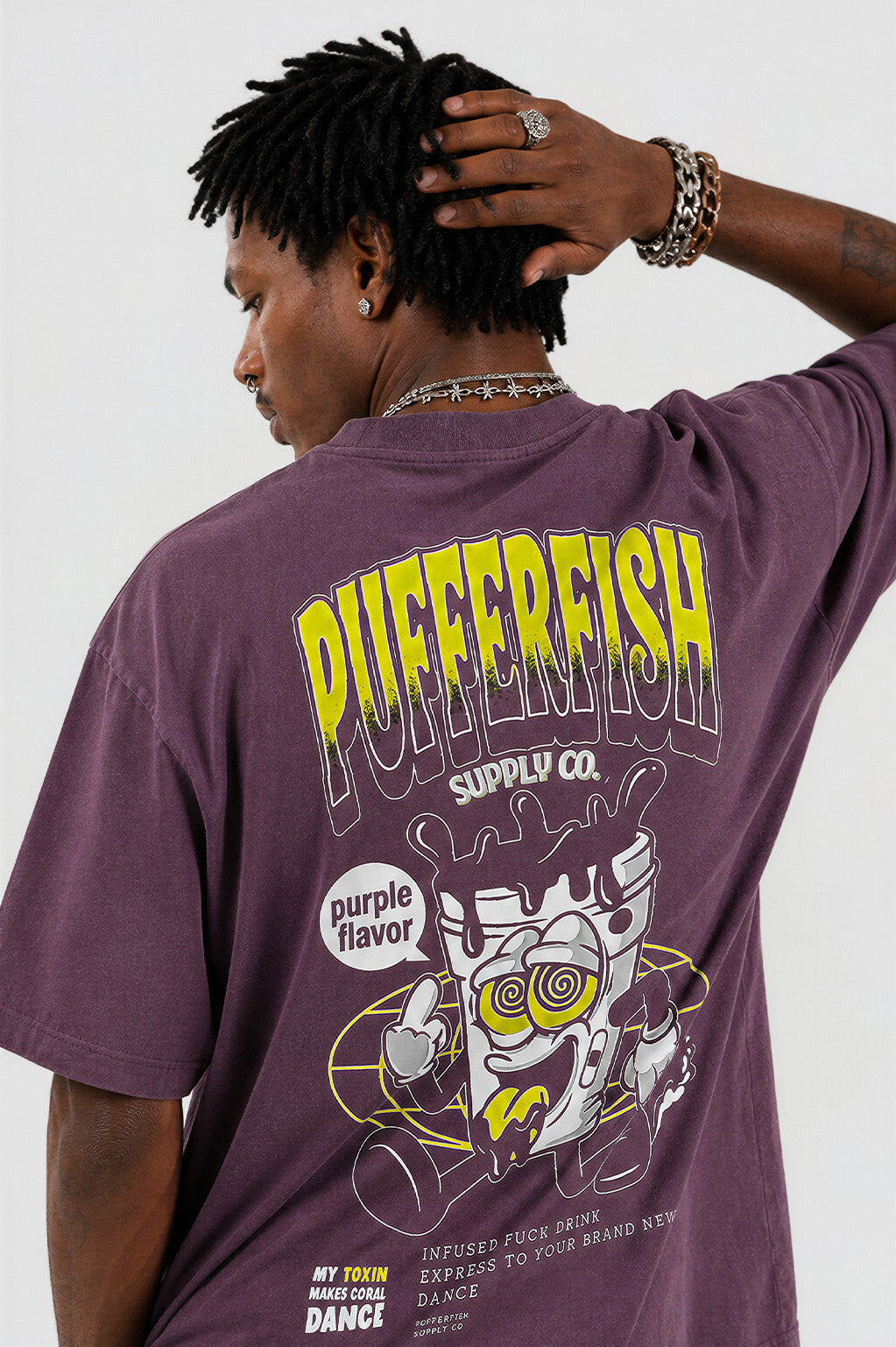 Camiseta Pufferfish Purpe Flavor detalhe da estampa