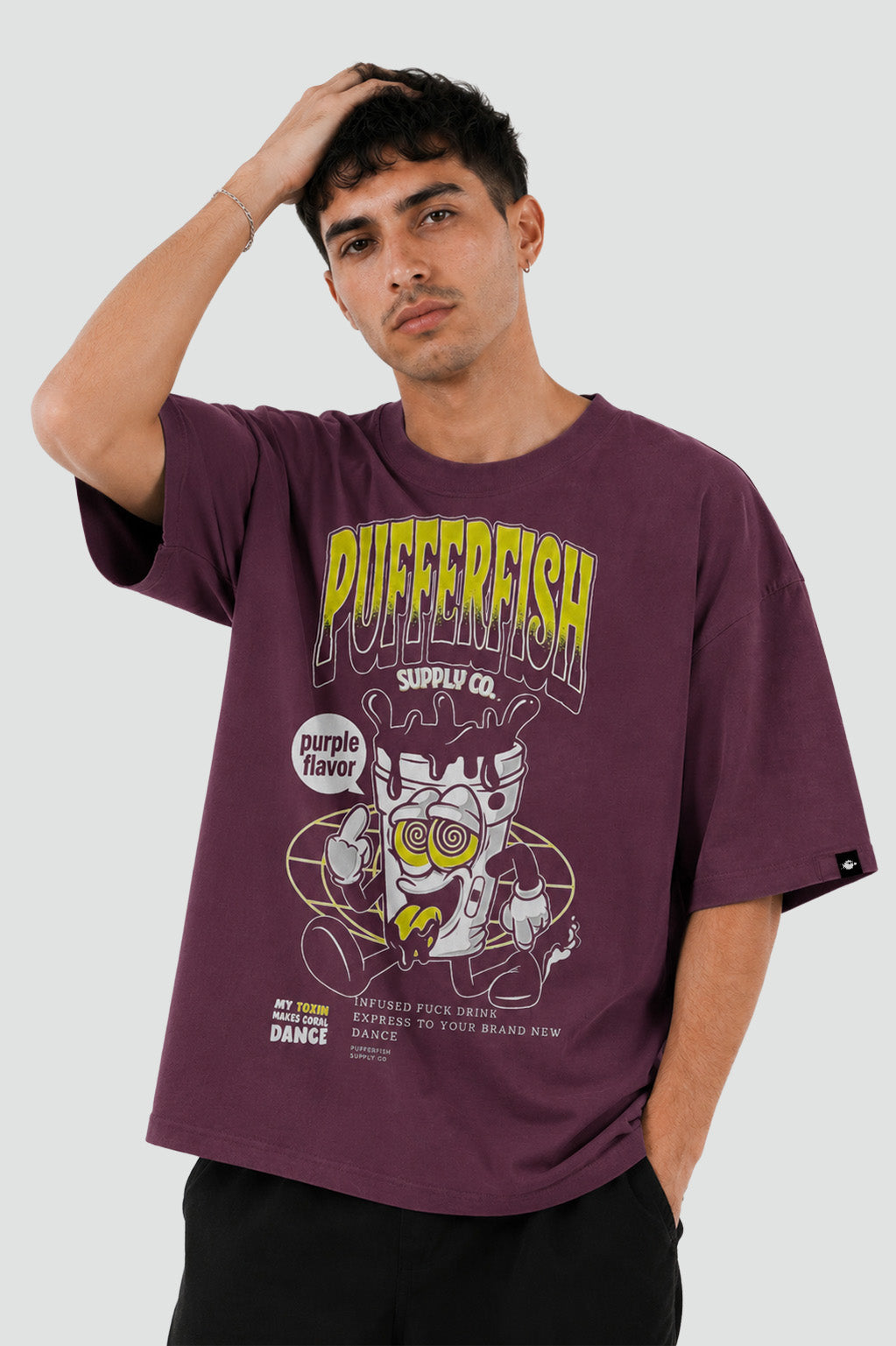 Camiseta Pufferfish Purpe Flavor estampa frontal streetwear