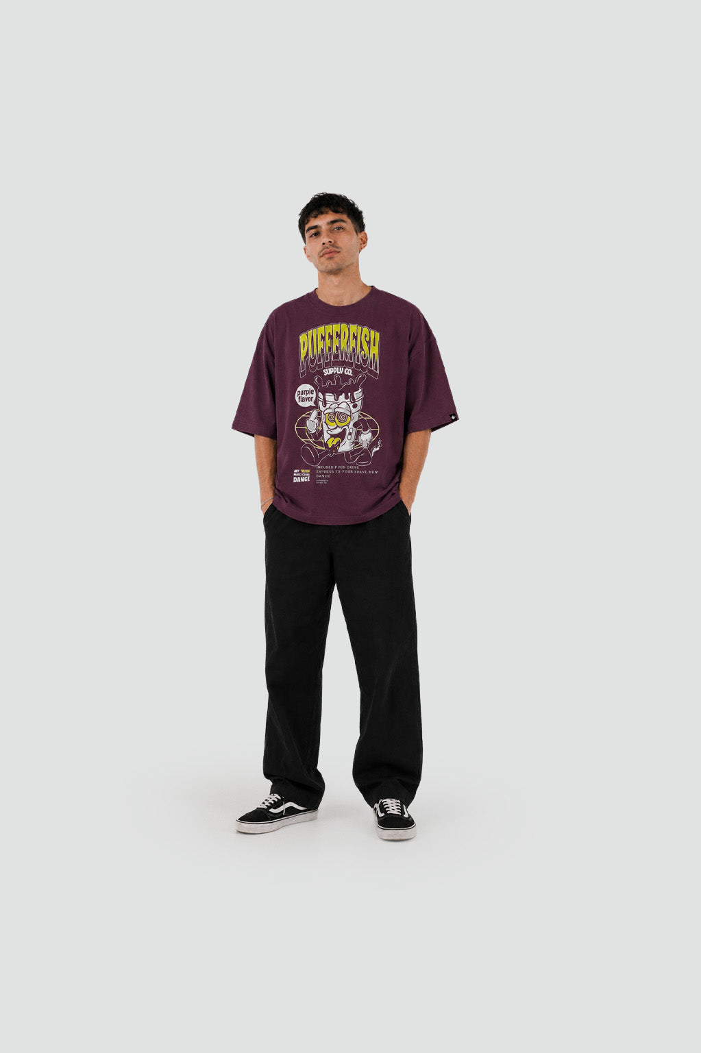 Camiseta Pufferfish Purpe Flavor detalhe da estampa frontal